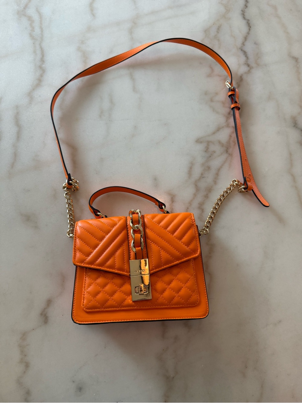 Aldo Orange Quilted Top-Handle Mini Crossbody with Gold Hardware